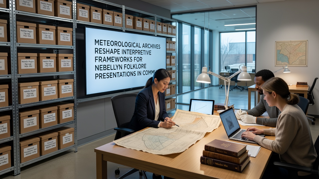 Visitors examining an interactive display that pairs Nebellyn legends with historical fog and cloud data visualizations