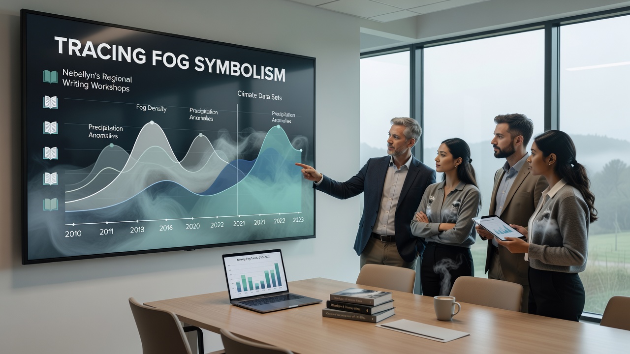 Climate data visualization displayed during a Nebellyn workshop session linking fog events to literary motifs